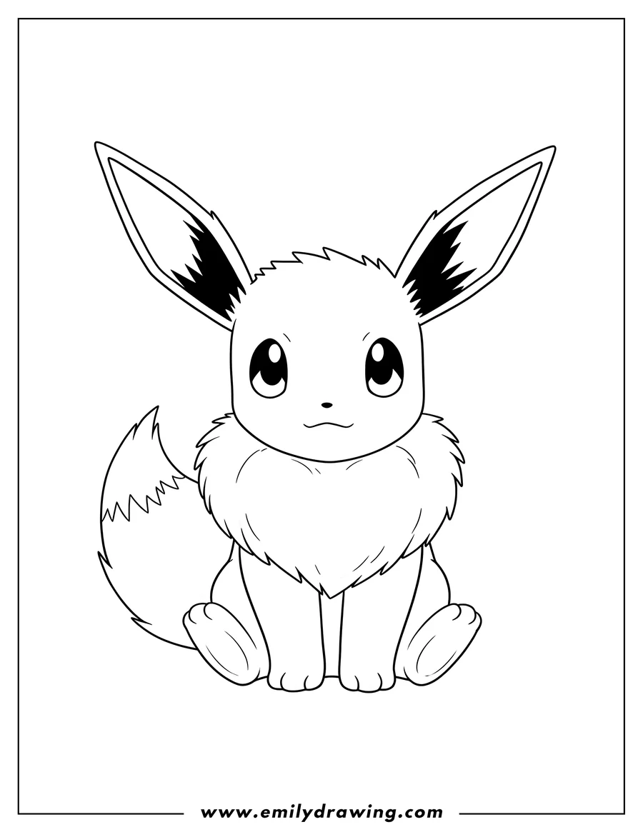 Coloring page of cute Eevee Pokemon, sitting and looking forward
