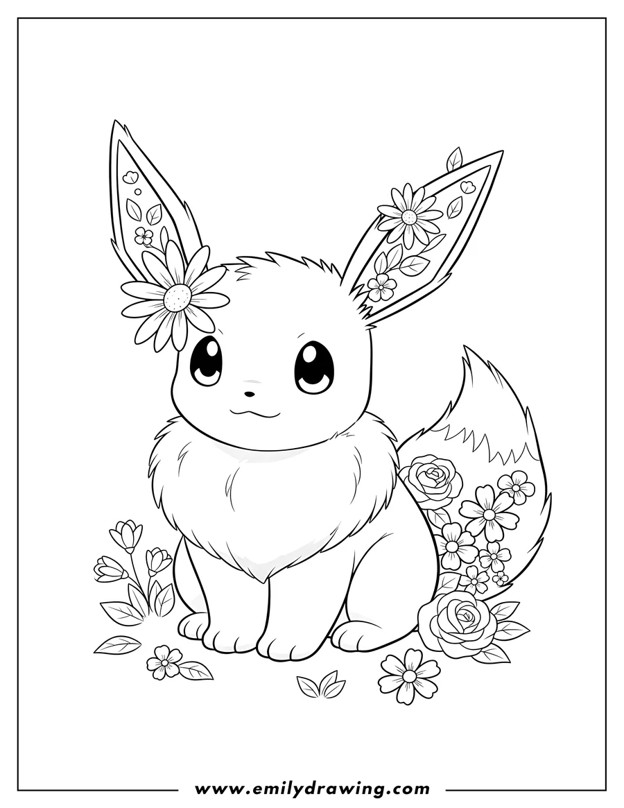 Outline drawing of cute Eevee sitting with flowers on its ear and tail