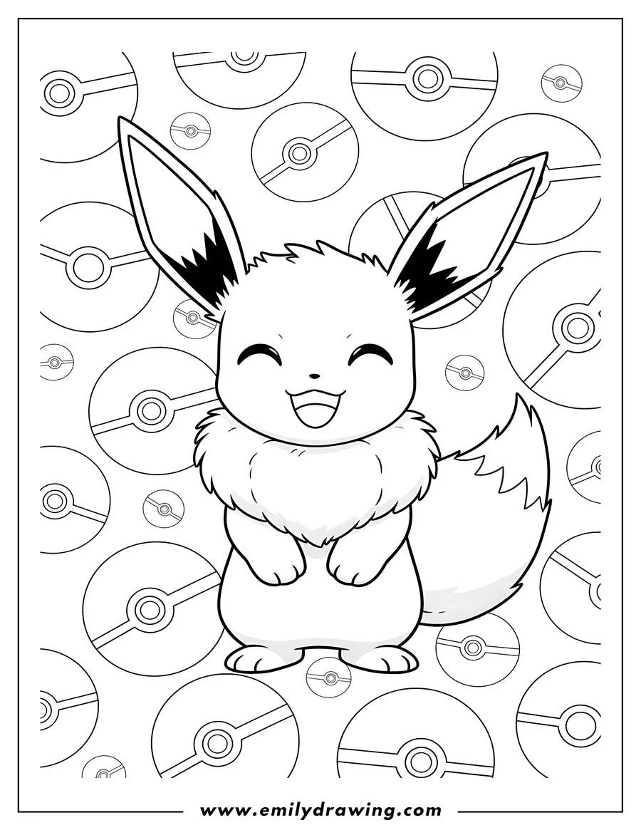 Printable coloring page of cute Eevee standing and smiling with a Pokeballs background