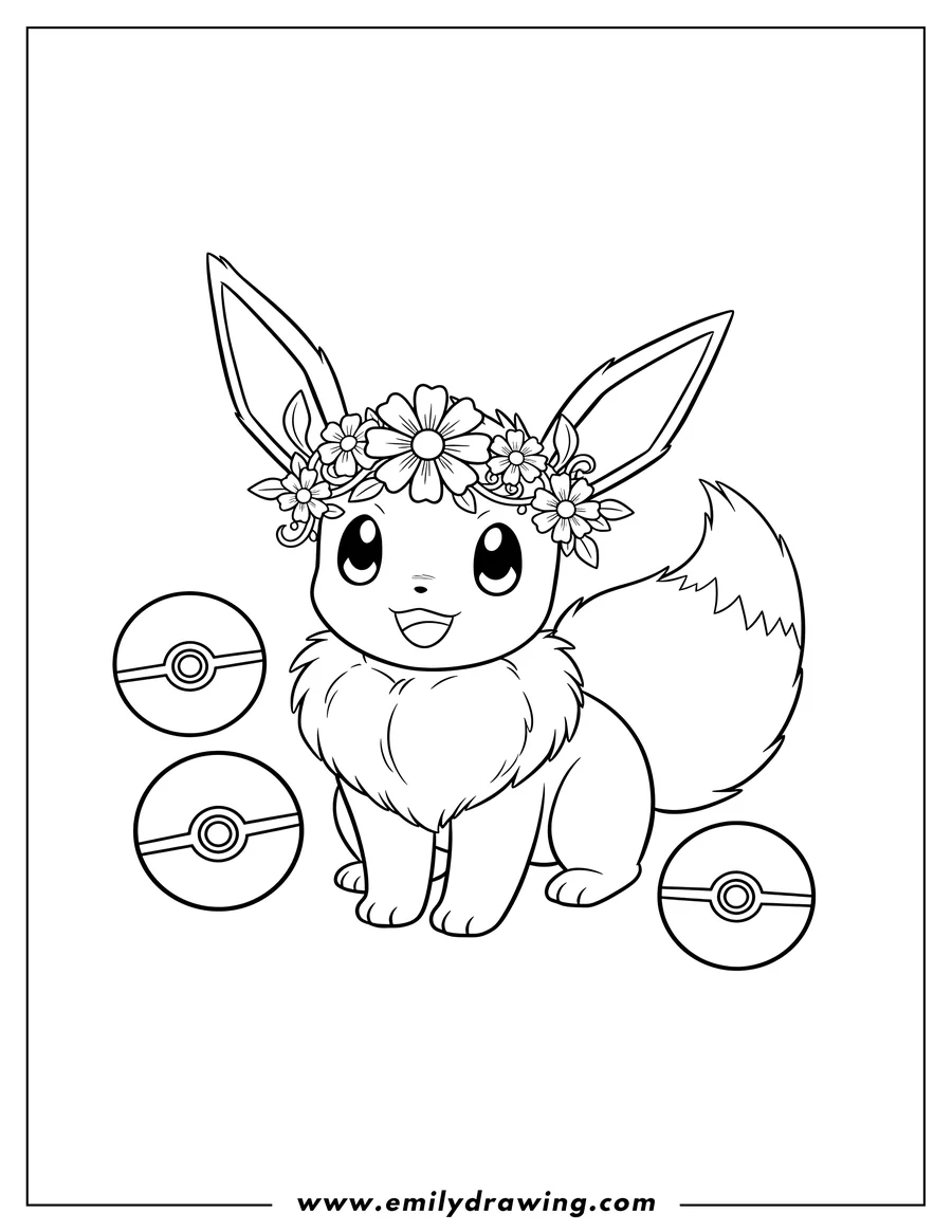 Coloring page for kids: cute Eevee wearing a flower crown and smiling, with Pokeballs