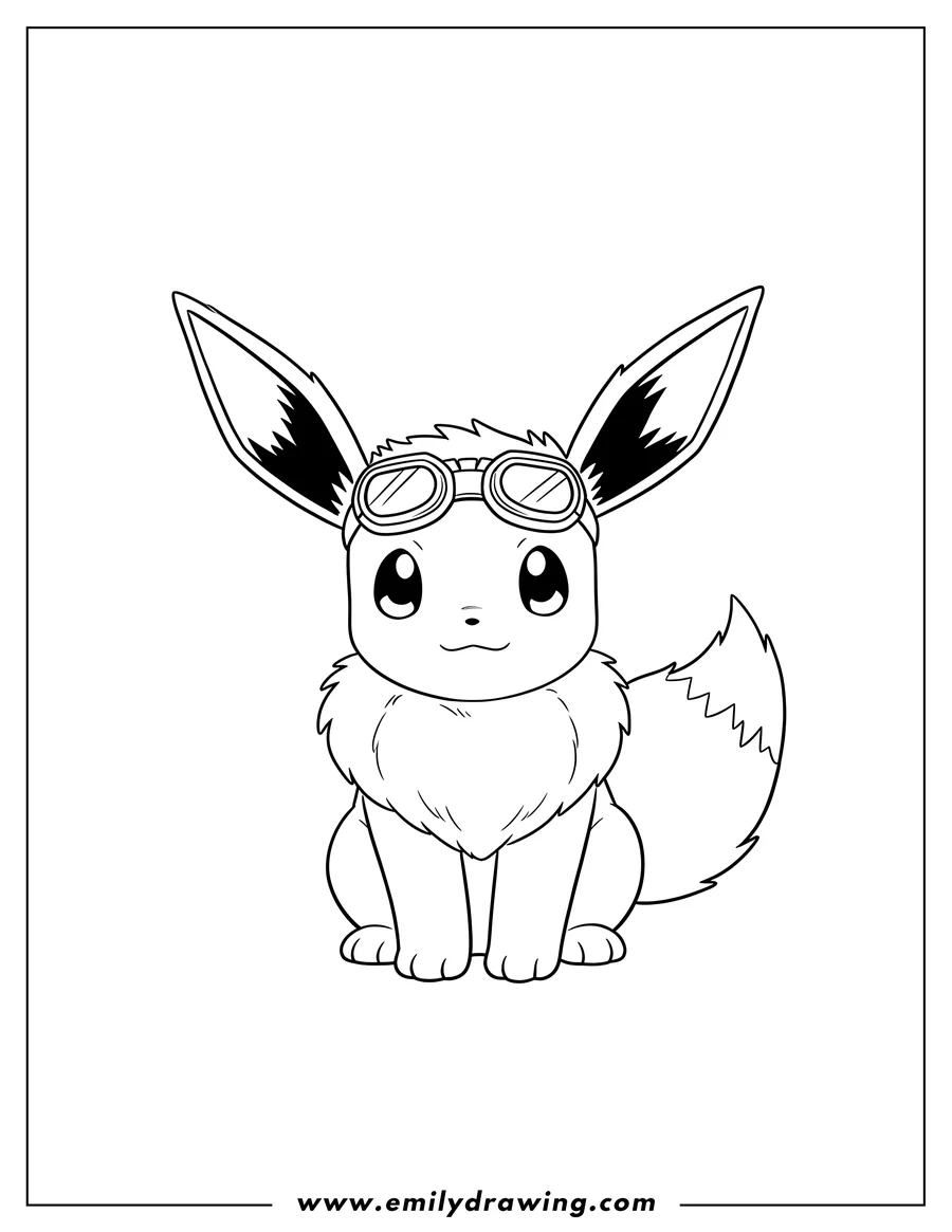 Vector style outline of cute Eevee sitting, wearing goggles pushed up on its forehead