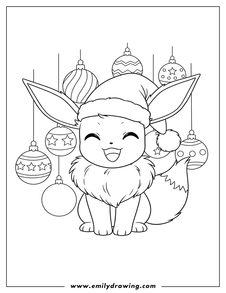 PDF style coloring page: cute Eevee wearing a Santa hat, sitting and smiling, With Baubles Background Pokemon Christmas