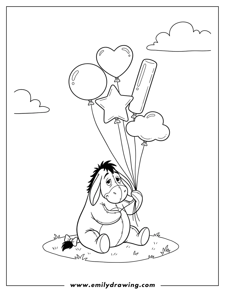 Vector style outline of cute Eeyore sitting and holding multiple balloons