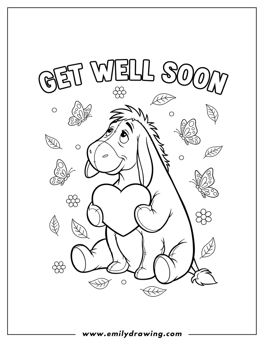Printable line art of sitting Eeyore looking up, holding a heart, with butterflies and leaves, Get Well Soon