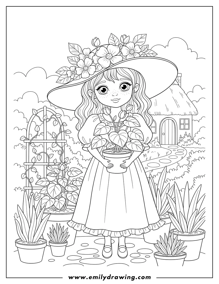 Free to print drawing of [Scene]: Elegant Girl in a floral hat holding a potted plant, Surrounded By Plants Cottagecore