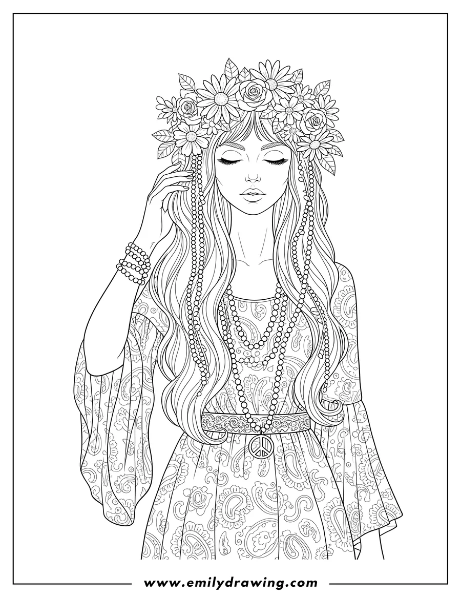 Printable line art of elegant Hippie Girl With Pearls And Flower Crown, eyes closed, touching her hair