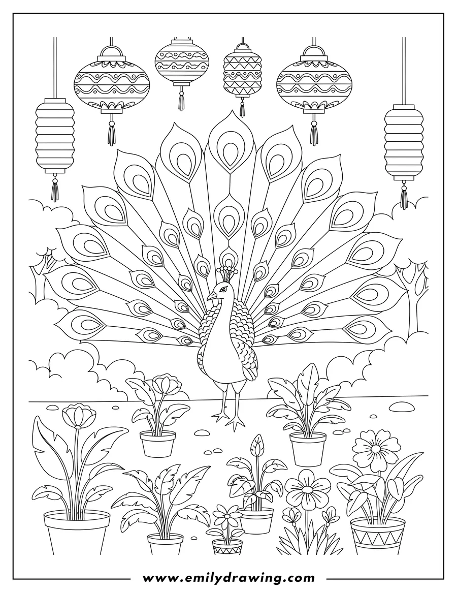 High quality printable elegant Peacock standing with its fanned tail feathers spread, among hanging lanterns and potted plants for coloring
