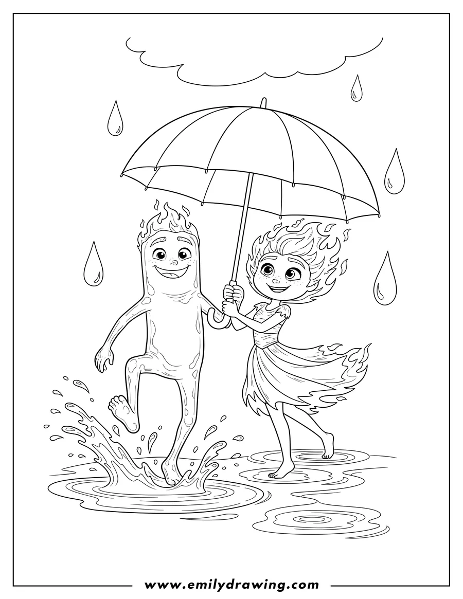 Full page coloring image of elemental Disney: Wade and Ember sharing an umbrella, with Wade splashing water