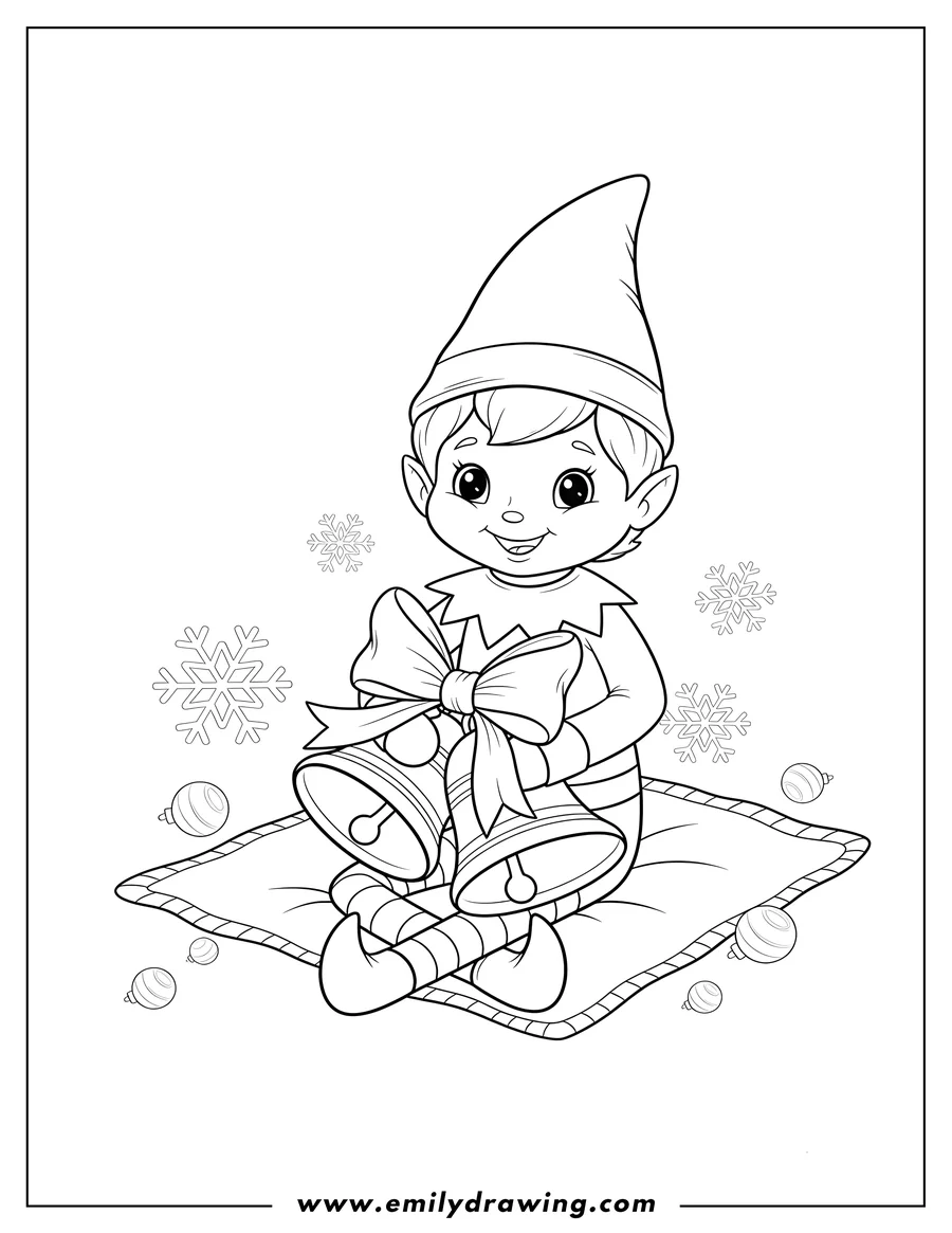 Simple sketch of cute Elf On Shelf sitting cross-legged with Christmas bells tied with bows to color