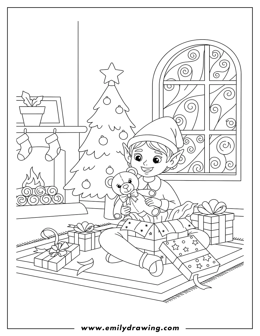 Coloring sheet featuring elf Opening Present Scaled, sitting and holding a teddy bear from an open box