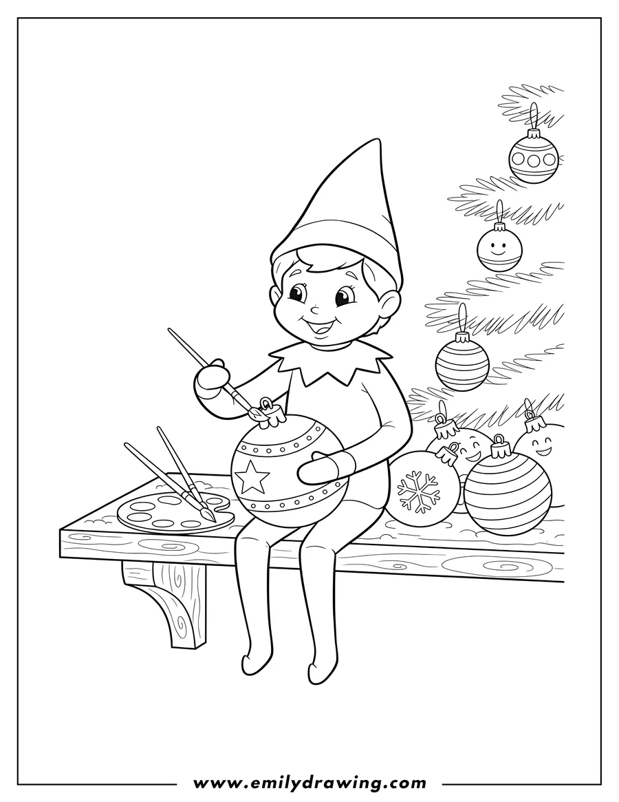 Printable line art of smiling Elf On Shelf painting faces on baubles for holidays