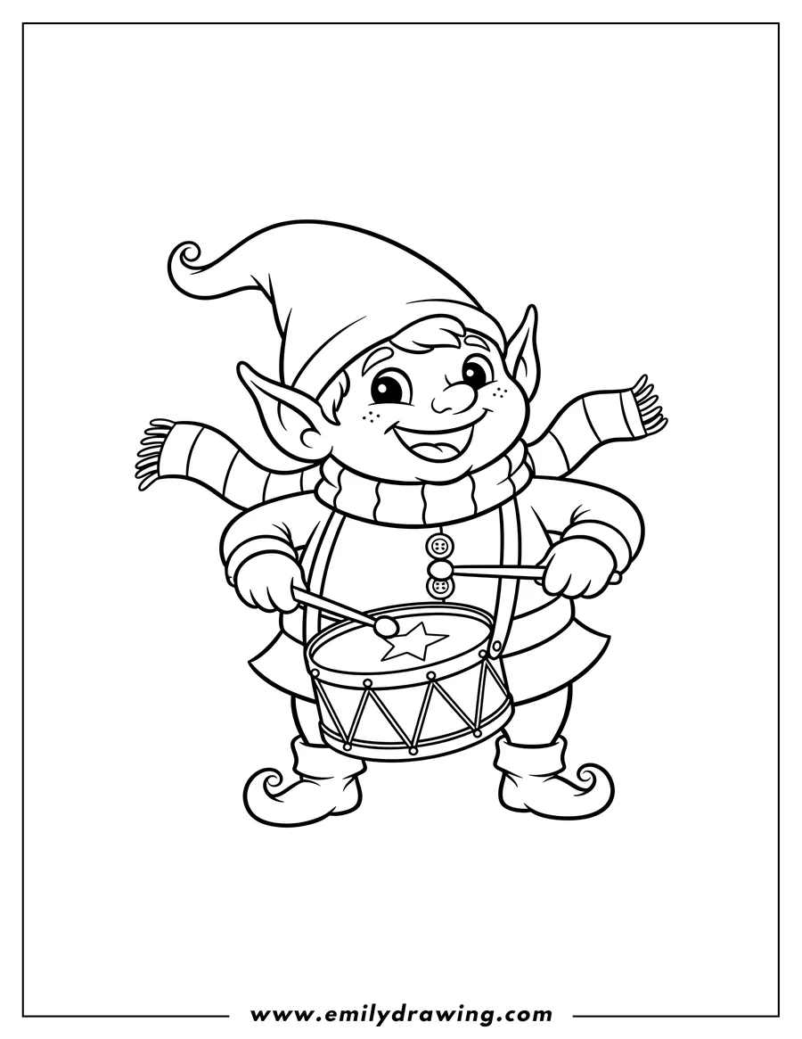 Printable coloring page of cute elf smiling, wearing a hat and scarf, playing a marching drum with drumsticks