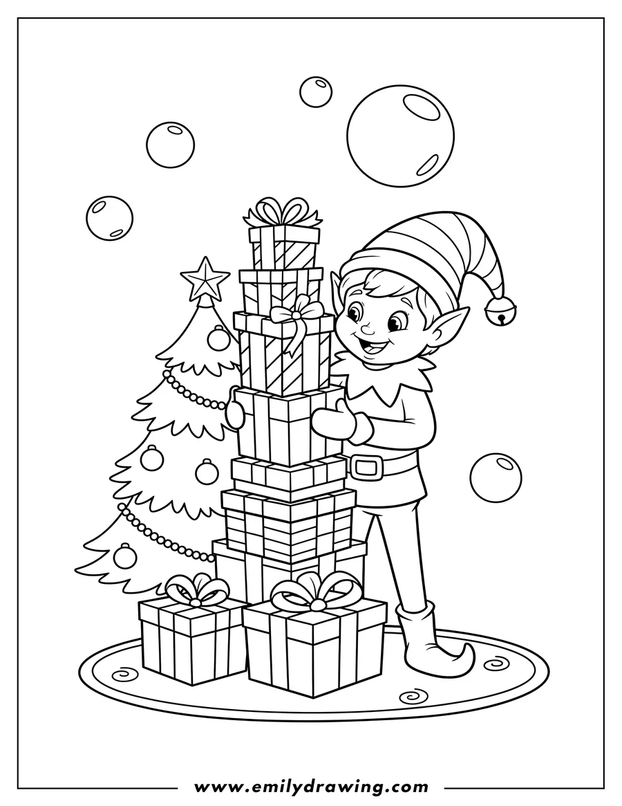 Outline drawing of smiling boy Elf On Shelf wearing a hat and ruffled collar, stacking Christmas presents by the tree