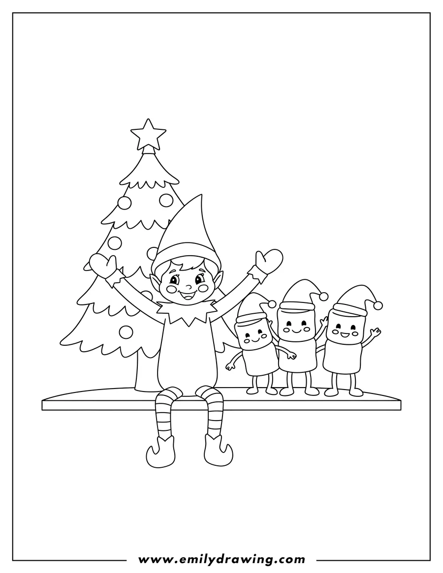 Full page coloring image of an Elf on Shelf sitting with arms raised, beside three marshmallow people and a Christmas tree