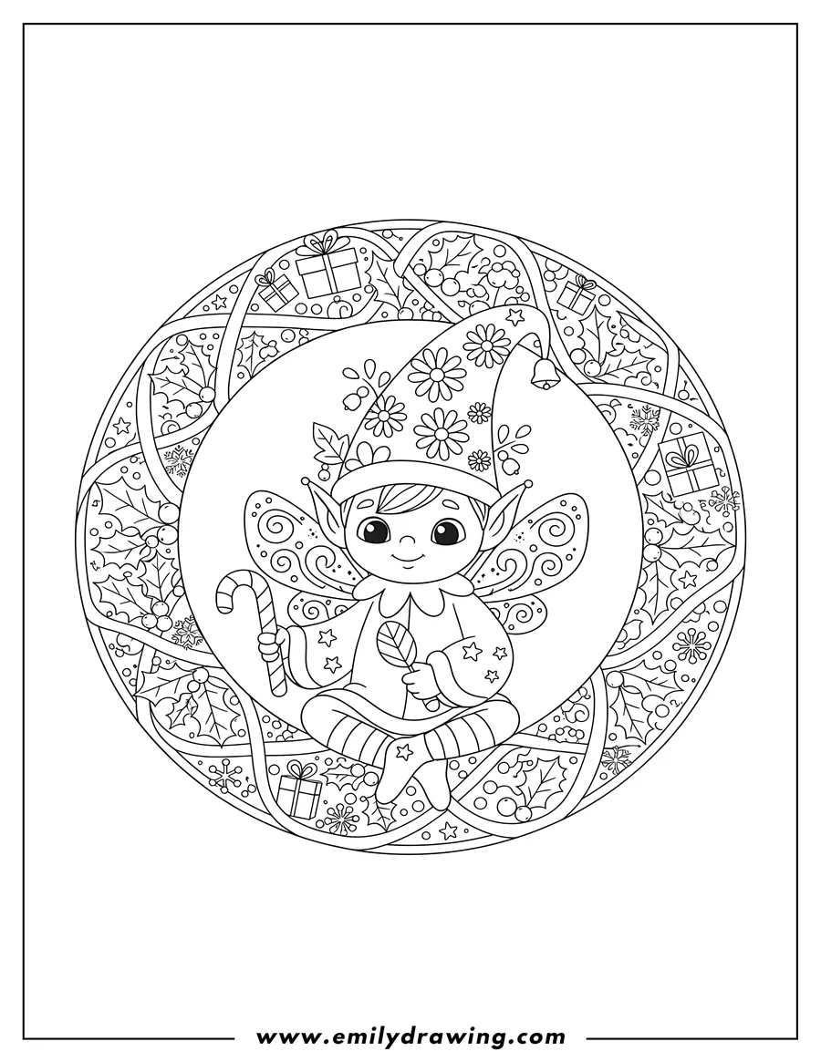 Full page coloring image of cute elf with wings and a pointed hat decorated with flowers, sitting inside a Christmas mandala