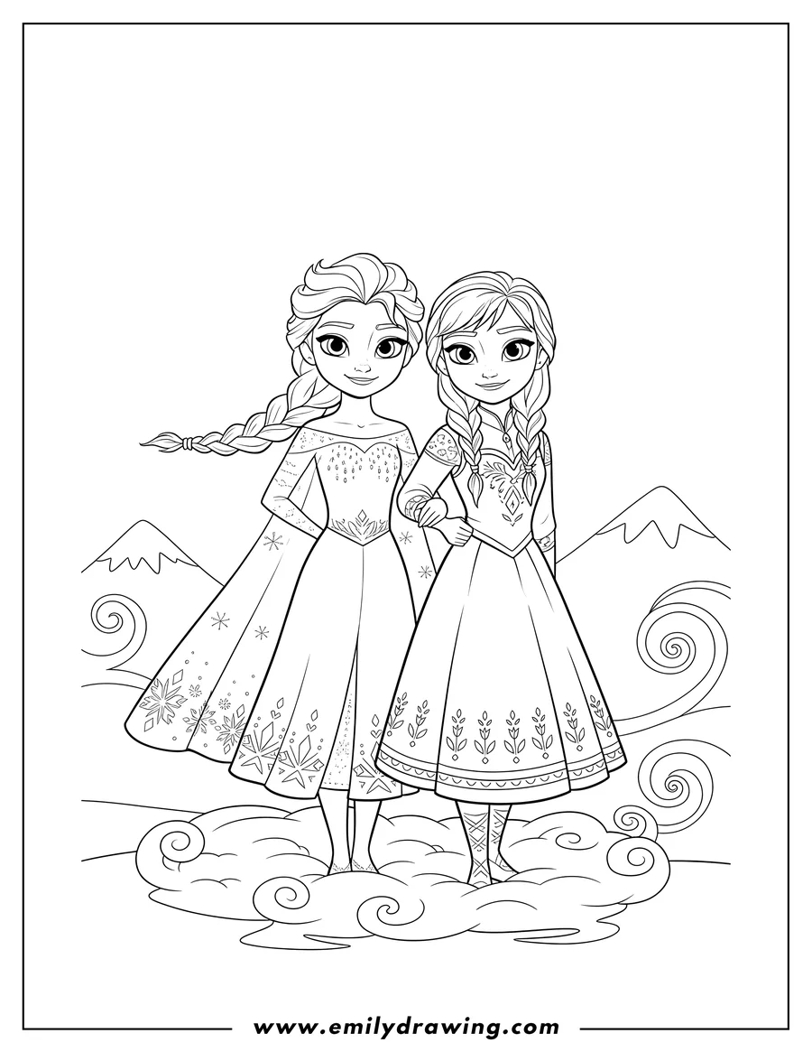 Coloring page for kids: cute Elsa And Anna Snow standing together smiling with braided hair