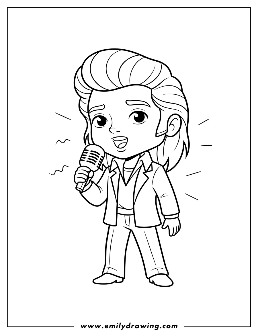 Downloadable coloring page of elvis Presley Singing With Hair Down, holding a microphone, wearing a jacket