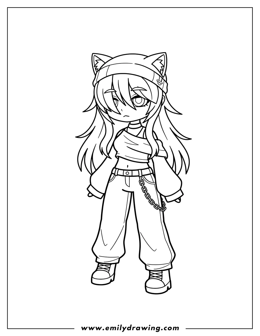 Linear illustration of emo Gacha Life Girl With Cat Ears standing, with long bangs, wearing a wavy top and wide-legged pants