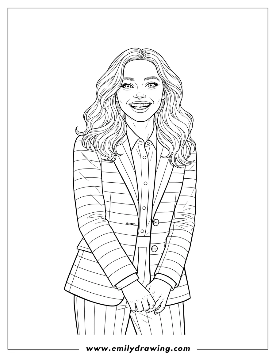 Full page coloring image of emma Myers As Enid Sinclar, smiling, with wavy hair and a striped suit