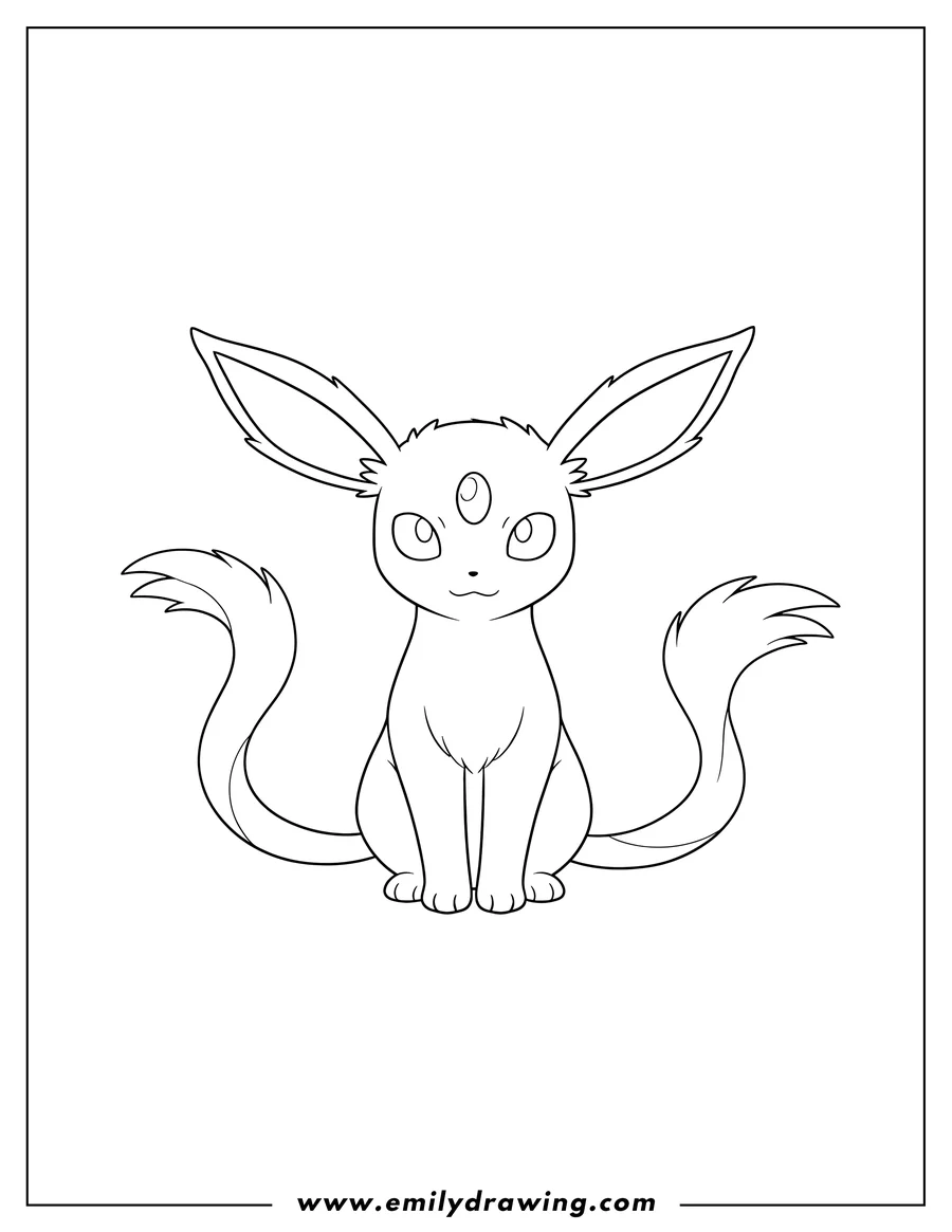 Coloring page for kids: cute Espeon sitting, with forehead gems and a split tail