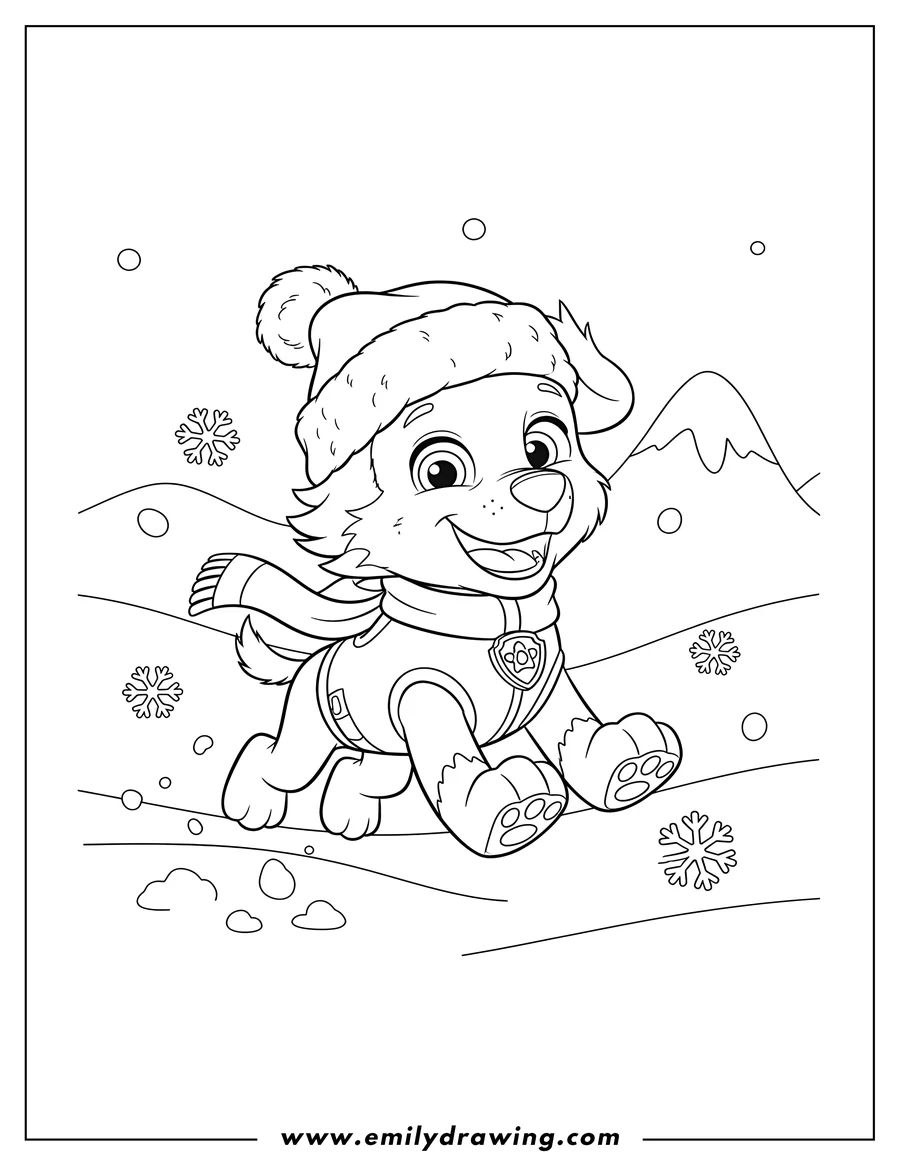 Outline drawing of everest smiling, leaping in snow, wearing a winter hat