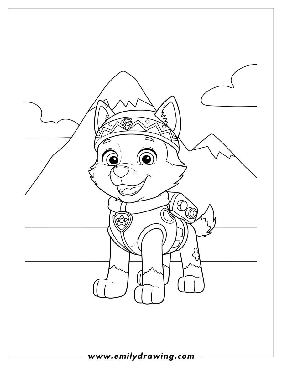 Clean line drawing: everest Scaled, smiling in her winter hat and uniform