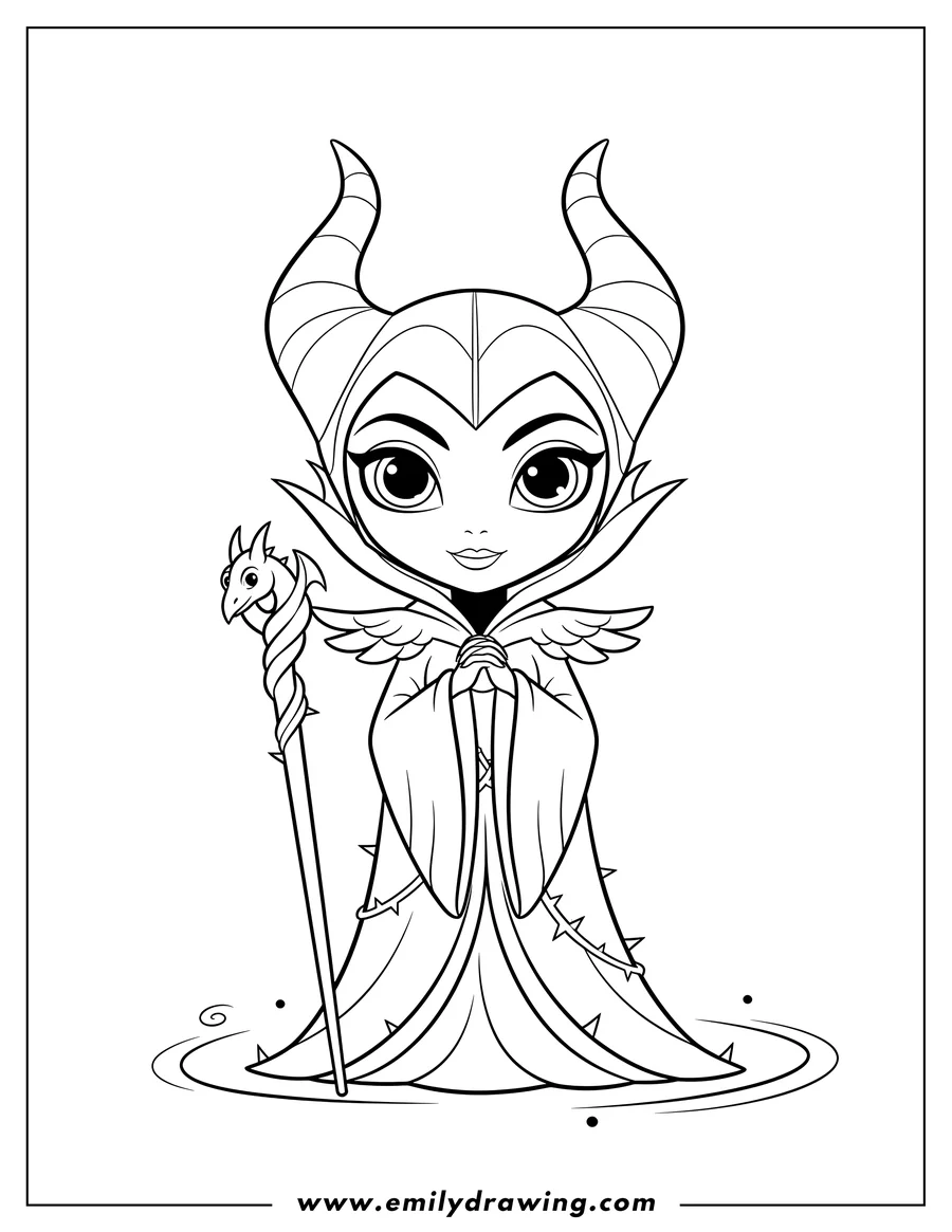 Outline drawing of cute Evil Maleficent with clasped hands