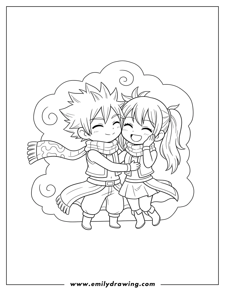 Black and white line art of cute Fairy Tail Natsu And Lucy Cuddling, Natsu kissing Lucy's cheek