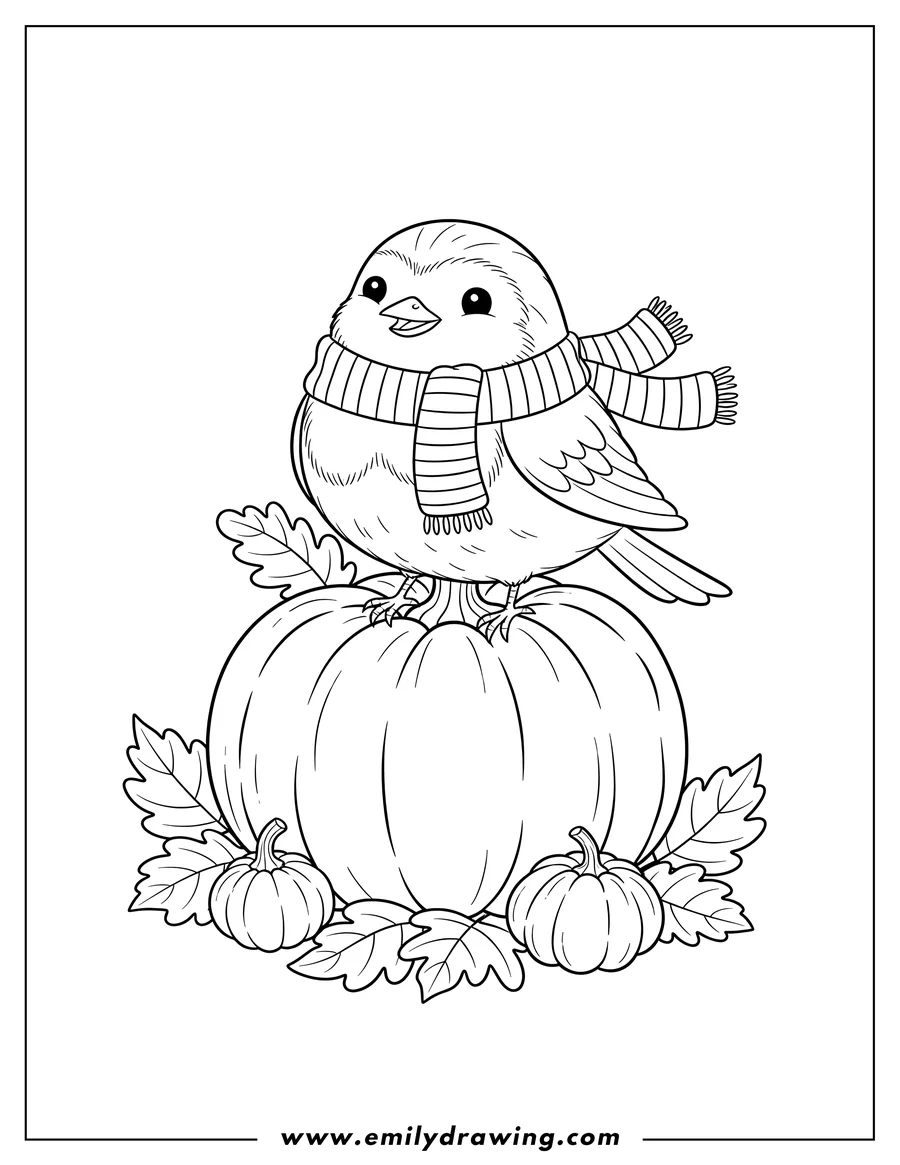 Downloadable coloring page of cute Fall Robin Wearing a Striped Scarf Sitting On a Large Pumpkin with Leaves and Small Gourds