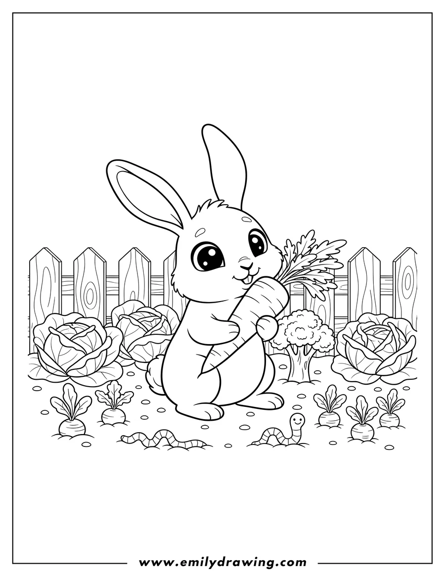 Full page coloring image of cute Farm Animal Bunny with big eyes nibbling a carrot in a vegetable patch