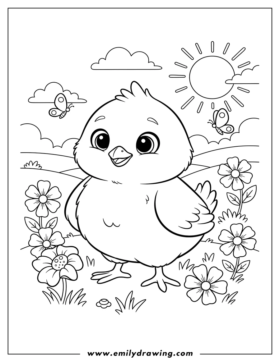 Free to print drawing of cute Farm Animal Chick standing in a Sunny Field with Flowers, coloring page for preschoolers