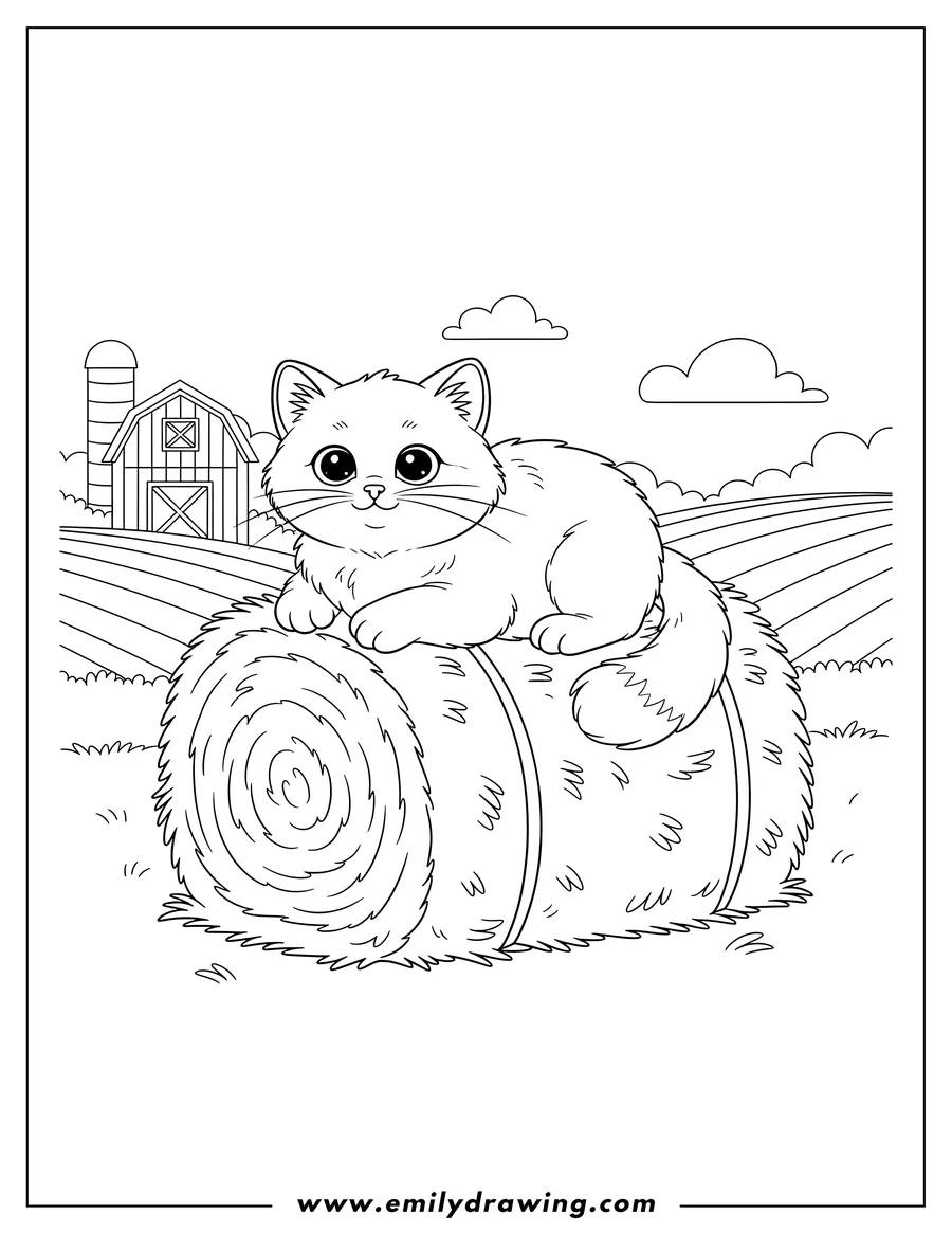 Clean line drawing: cute Farm Animal Kitten Lying on a Hay Bale