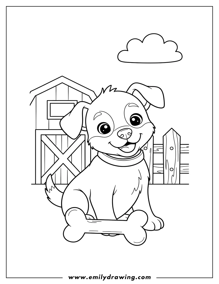 Clean line drawing: cute farm puppy sitting with a bone