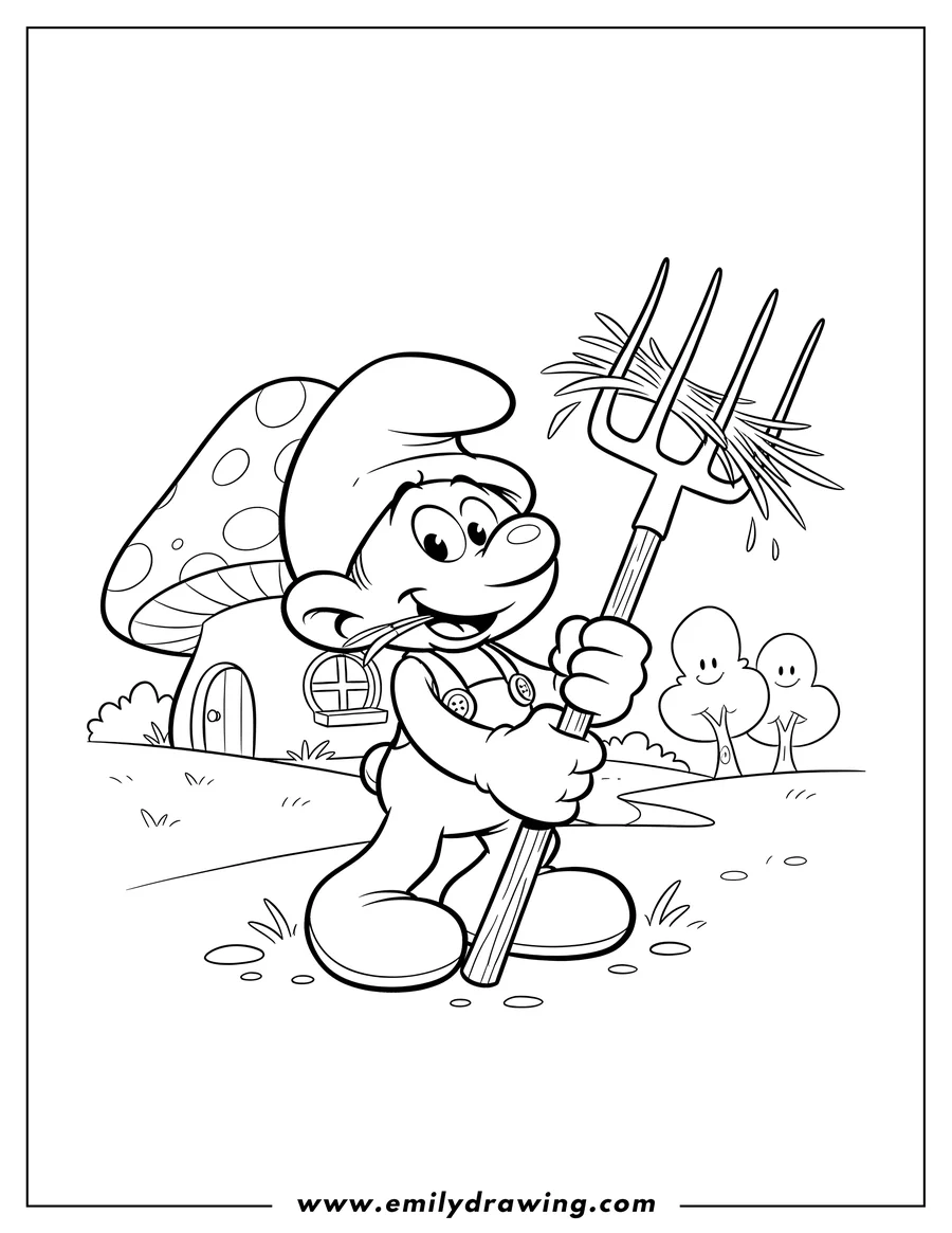Free to print drawing of cute Farmer Smurf holding a pitchfork with straw in his mouth