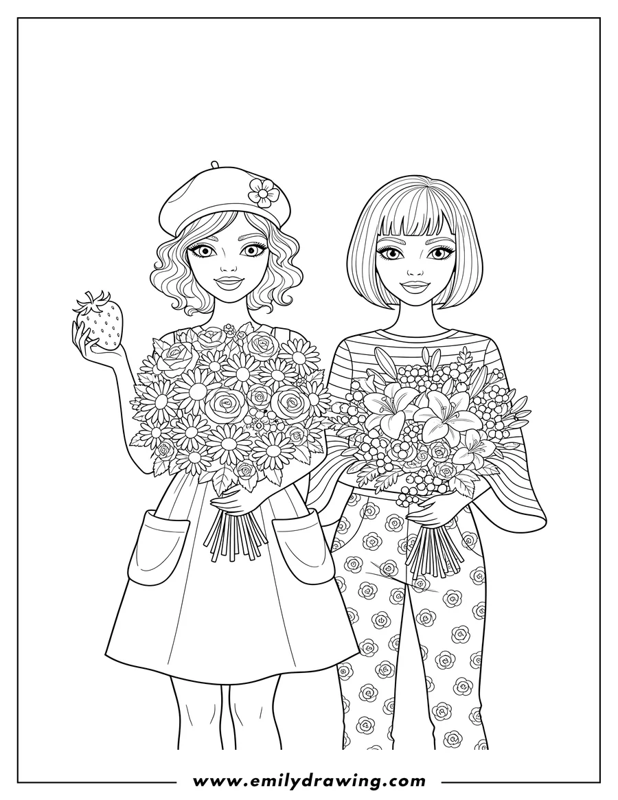 Free to print drawing of cute Fashionable Women holding bouquets of flowers and a strawberry, one wearing a beret