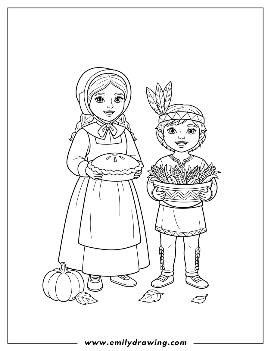 Coloring sheet featuring female Pilgrim in a bonnet holding a pie and Native American in a feathered headband holding a bowl of corn