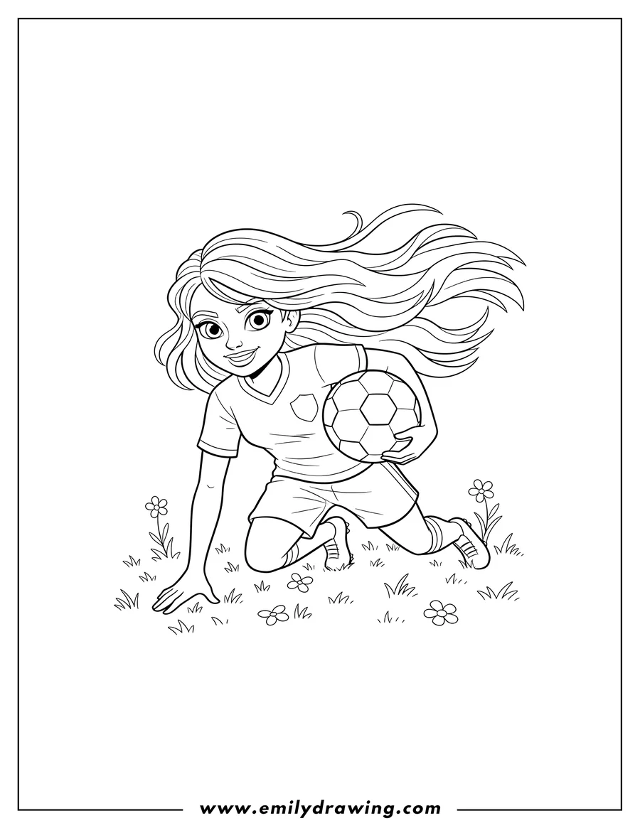 Clean line drawing: female Football Player lunging on grass with one hand on the ground, holding a ball, and long flowing hair