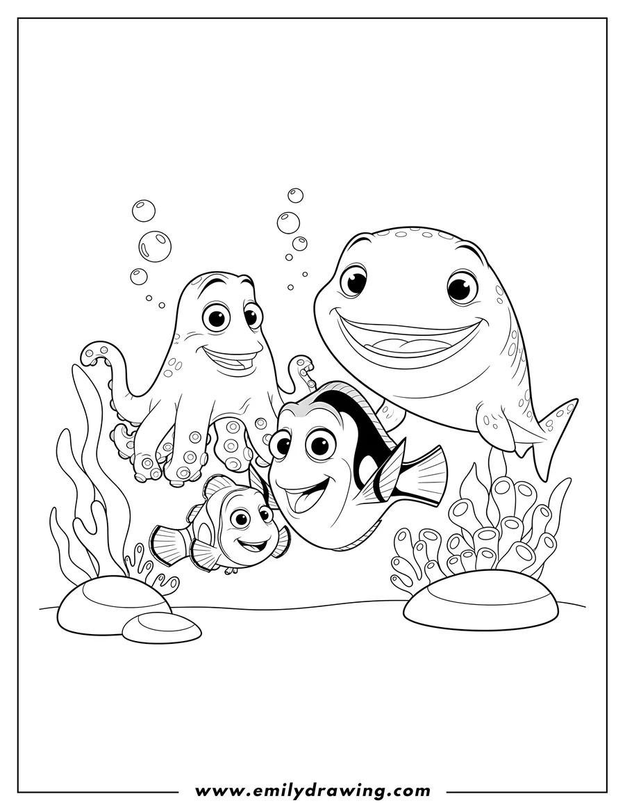 Printable coloring page of finding Dory Disney, Dory and Nemo smiling with friends