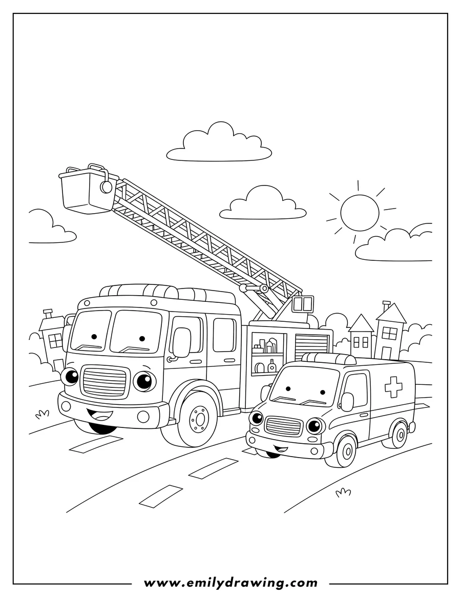Outline drawing of fire Truck with a Ladder Driving Beside an Ambulance on a Street