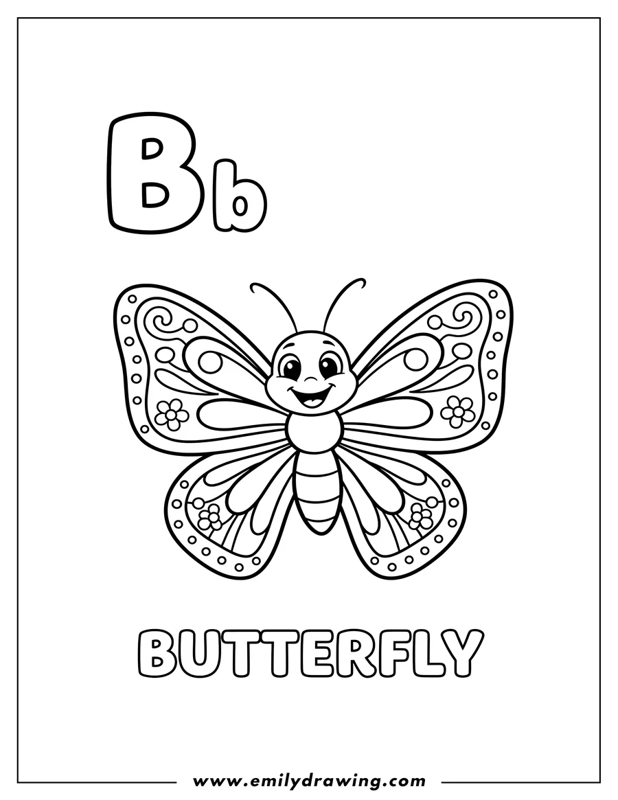 Printable line art of letter B Flashcard featuring uppercase and lowercase Bb, a smiling cartoon butterfly, and the word 'butterfly' written below