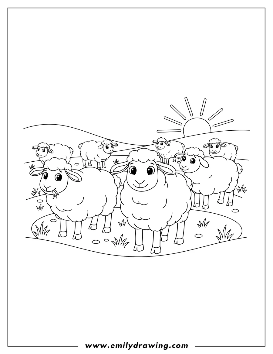 Coloring page of A flock of sheep standing in a paddock, with some sheep looking forward