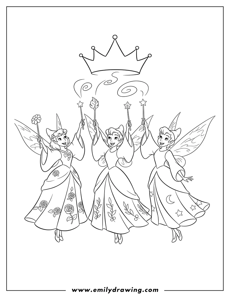 Full page coloring image of flora, Fauna, and Merryweather looking up with wands and wings