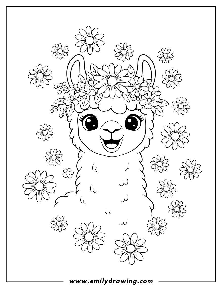 Printable line art of cute Floral Crown Llama with Big Eyes Smiling Surrounded By Daisy Blooms coloring page