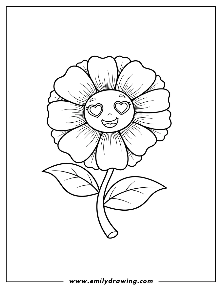 High quality printable A cute flower with heart-shaped eyes and a smiling face, with layered petals for coloring