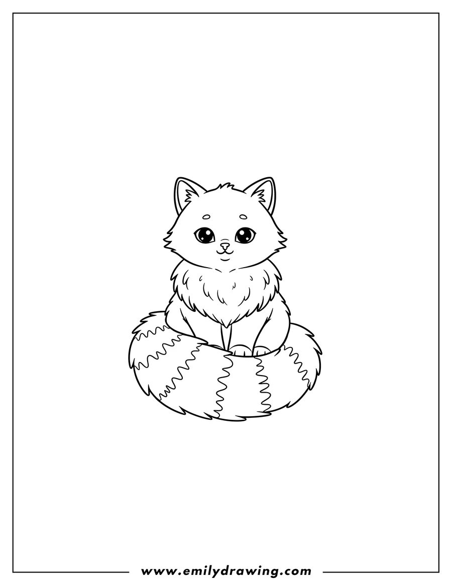 Doodle style coloring picture of cute fluffy cat sitting with a fluffy tail