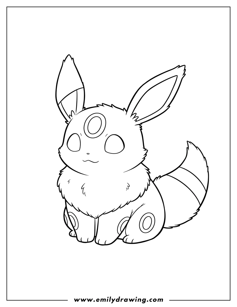 Clean line drawing: A cute fluffy chibi Umbreon sitting with striped ears and tail