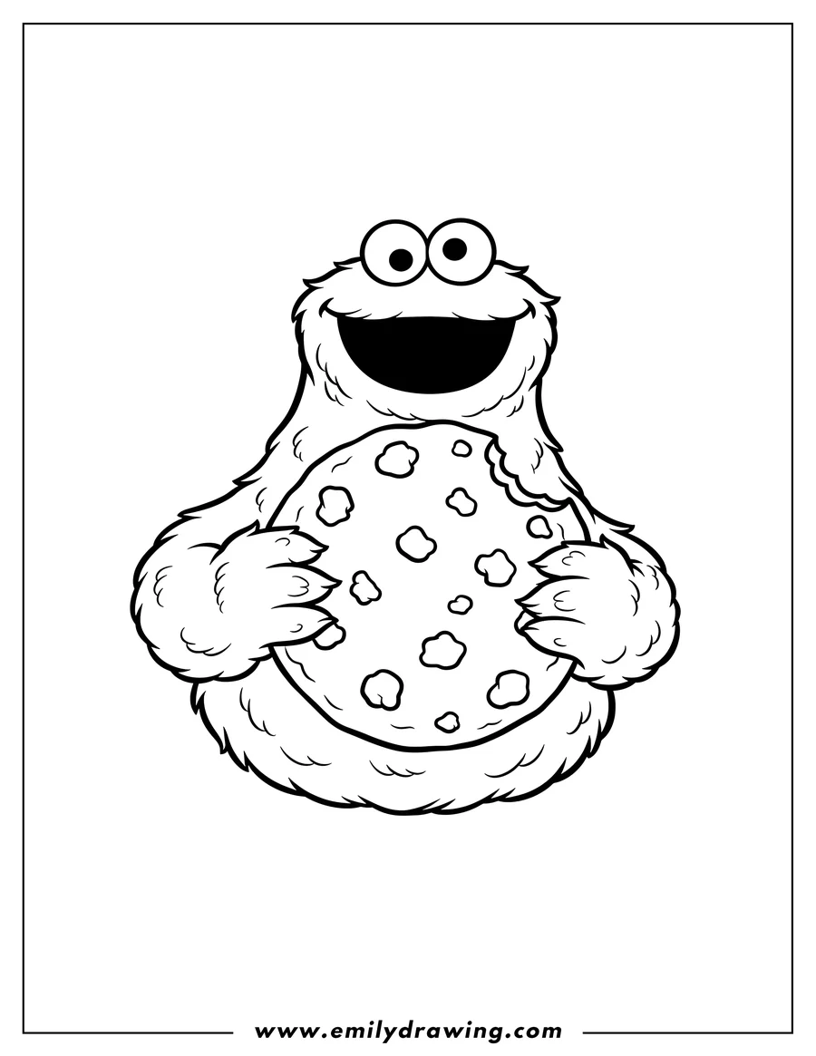 Printable line art of fluffy Cookie Monster happily smiling with wide eyes, holding up a chocolate chip cookie
