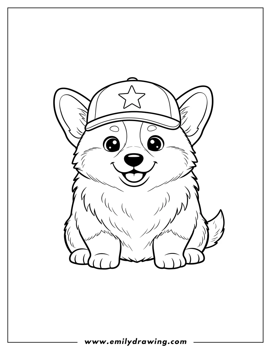 Full page coloring image of cute fluffy Corgi puppy sitting, wearing a cap with a star