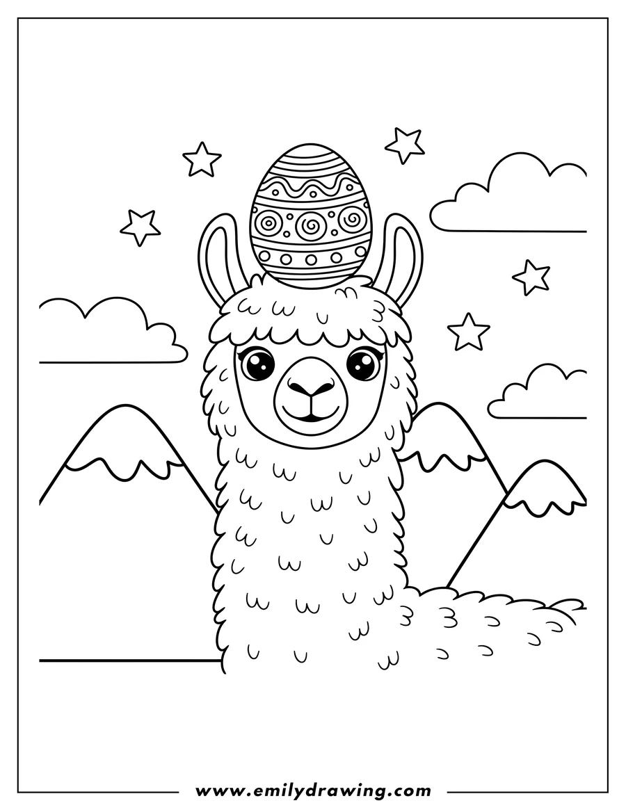 Linear illustration of cute Fluffy Llama with a decorated egg on its head, mountains, stars, and clouds