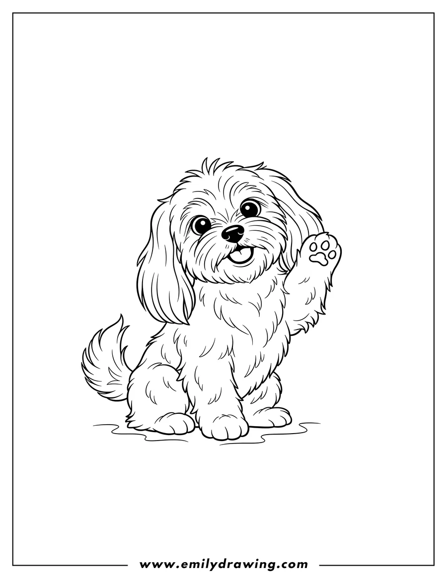 Downloadable coloring page of fluffy Maltese Dog With Paw Up and Floppy Ears